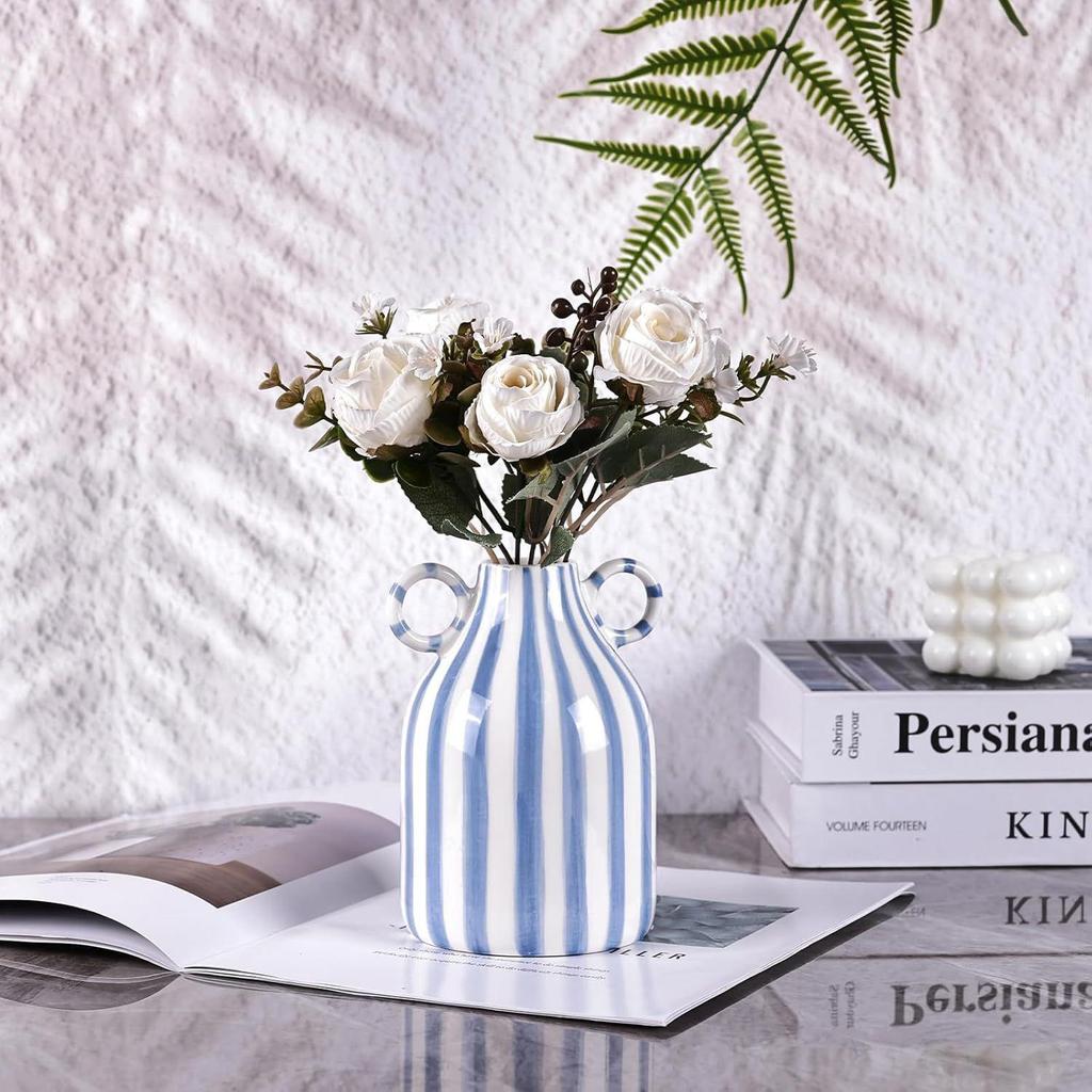Hand-Painted Ceramic Vase with Double-Ear Striped Design