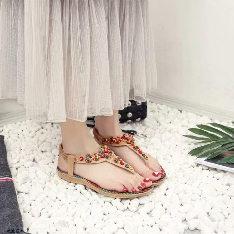 Flat Sandals Women's Summer Bohemian Clip-on Flat Sandals Women's Beaded Beach Shoes Women