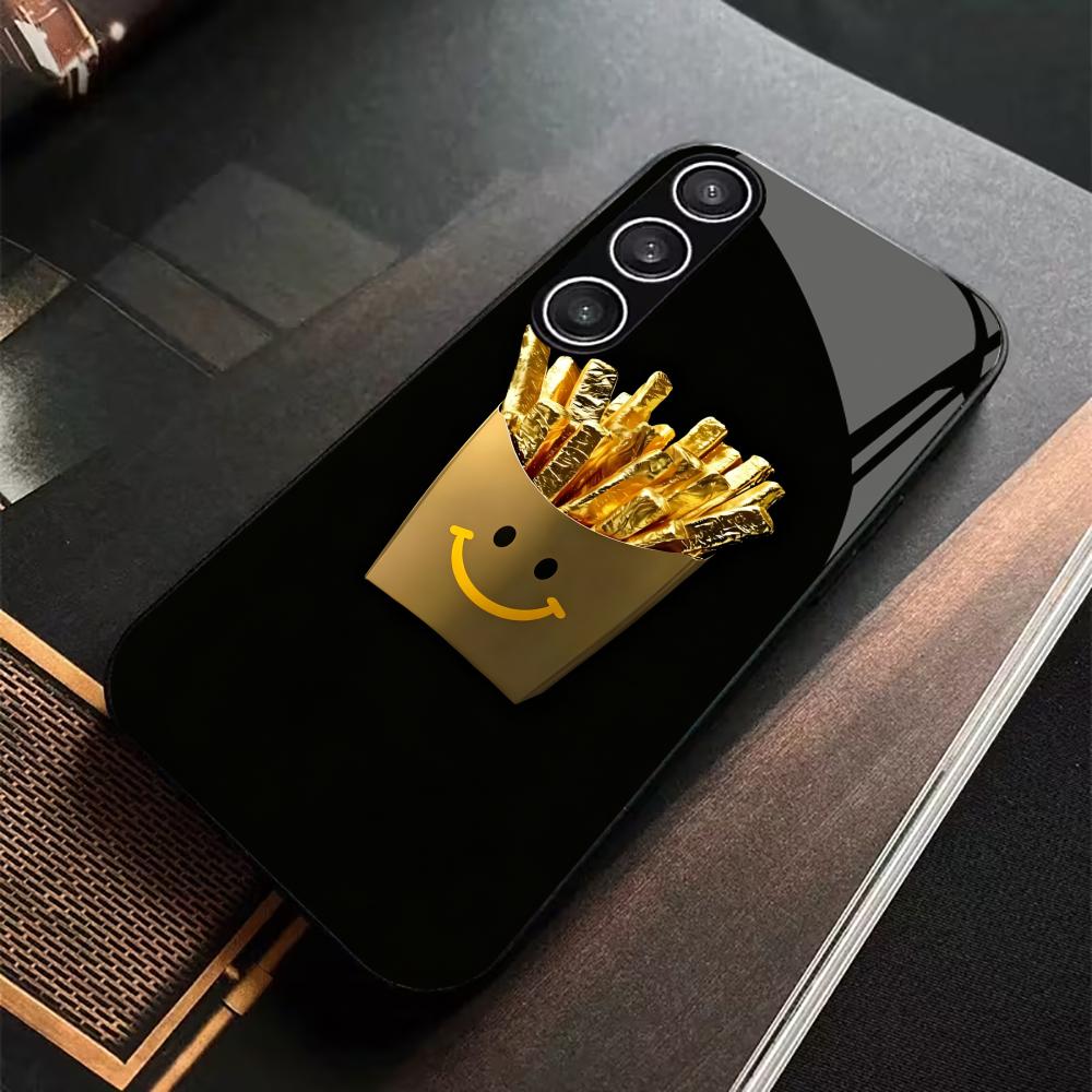 Smile face French fries Exquisite High-end PhoneCase Glass TPU PhoneCase for Samsung Galaxy S26 S25 S24 S23 S22 FE,Ultra,Plus
