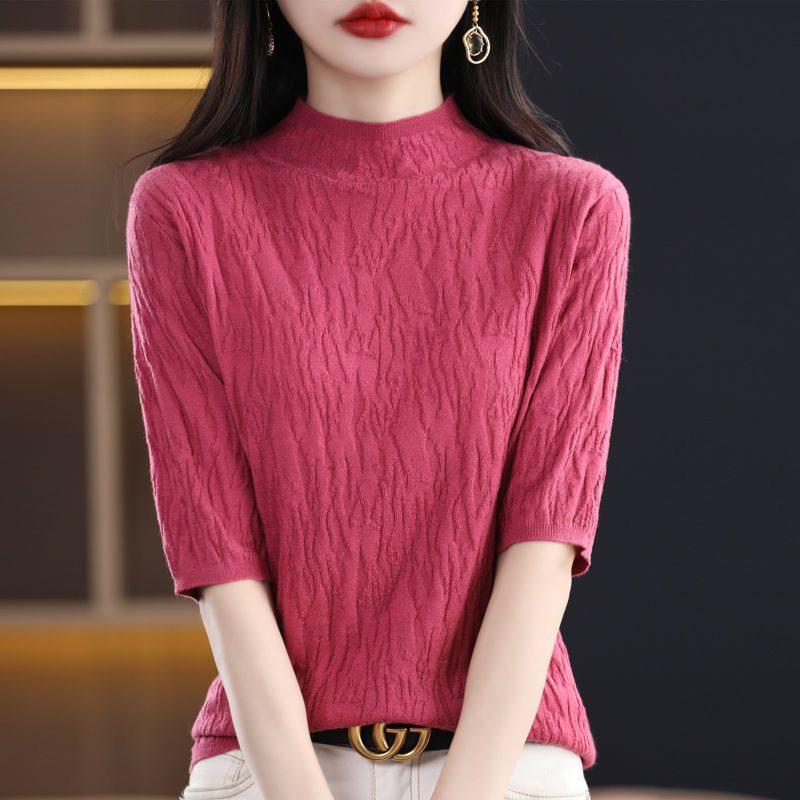 Spring Semi-High Neck Short Sleeve Loose Knit Pullover for Women