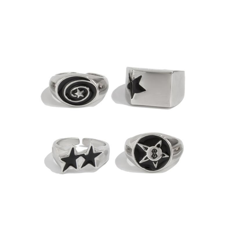 IF ME 4Pcs/Set Black Five-Pointed Star Wide Rings for Men Hiphop Silver Color Geometric Thick Opening Finger Rings Sets Jewelry Gifts