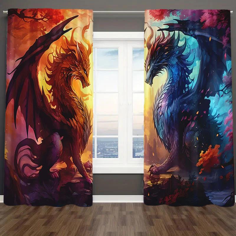 2 pieces of modern dragon pattern printed curtains, pole bag bedroom and living room, home decoration, room decoration