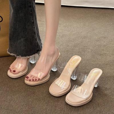 Korean Version of Temperament Crystal Thick Heel Transparent Word with Silver Sandals Summer Waterproof Table Super High Heels