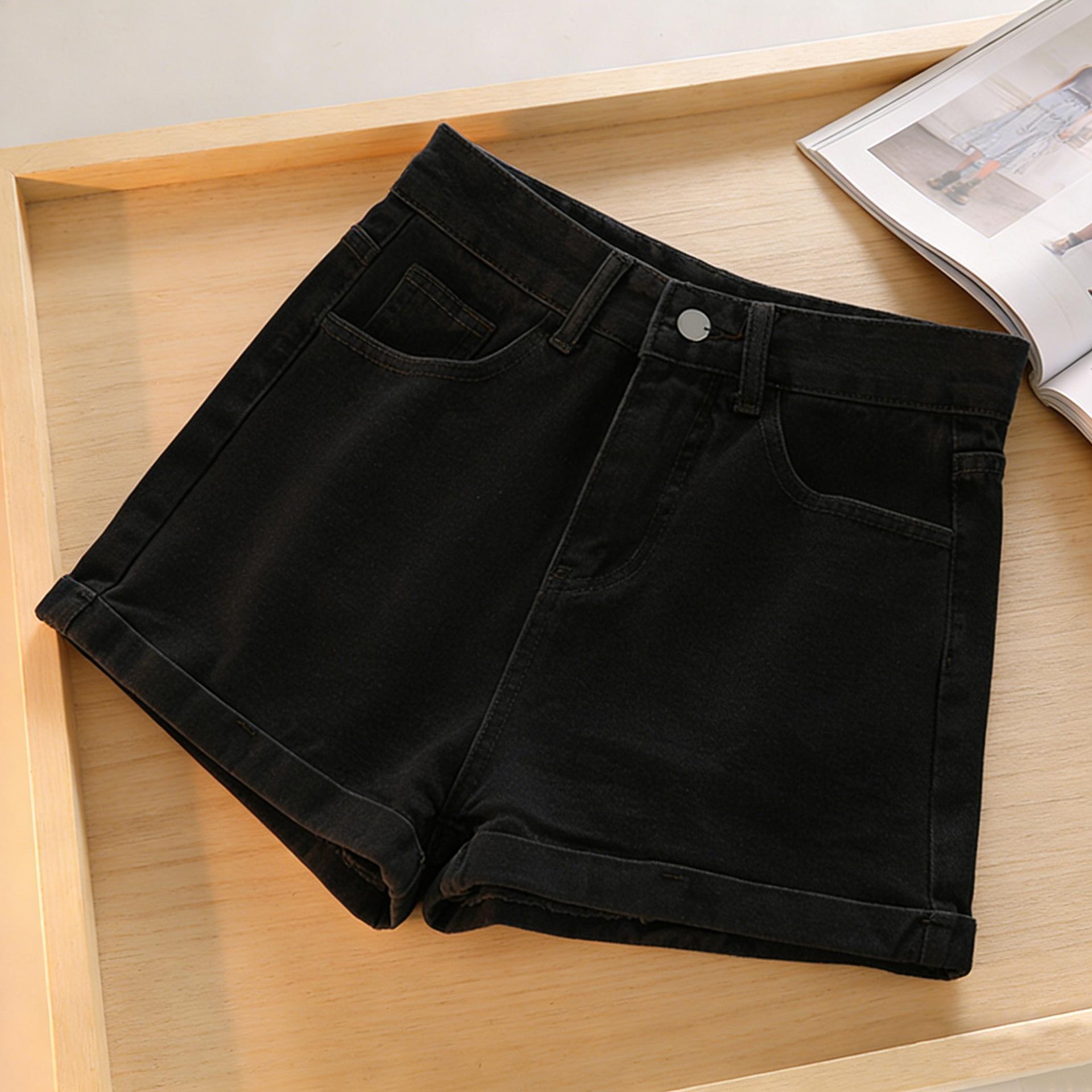 2026 Summer New Fashion Casual Rolled-Edge Denim Shorts for Women, Spring/Summer High-Waist Slimming Wide-Leg Straight-Leg Denim S чёрный