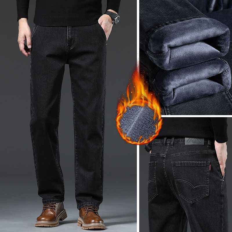 Jeans Autumn and Winter Fleece Thickened Jeans Loose Straight Retro Versatile Elastic Business Casual Pants