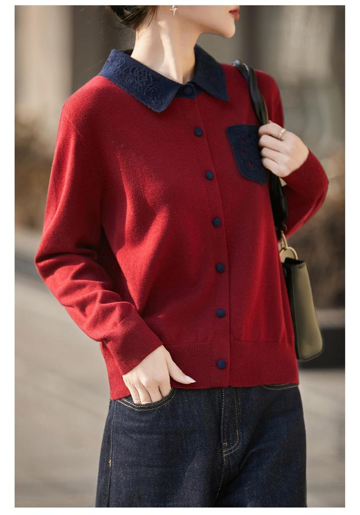 Women's Retro Versatile Cardigan: Fine Spun Wool, Soft Polo Collar, Covered Buttons, Contrasting Colors—Perfect for Spring and Autumn.