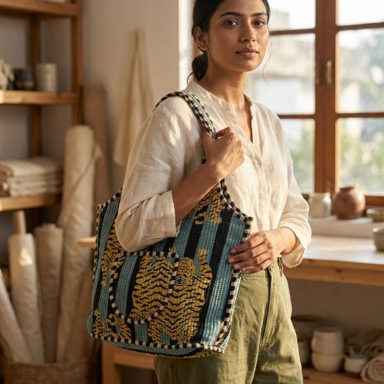 Shoulder Bag usalover925 Grey Blue Quilted Cotton Tiger Print Shoulder Bag 21