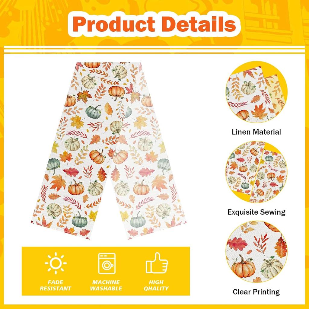 Pumpkin Buffalo Plaid Fall Table Runner, Fall Maple Leaves Kitchen Dining Table Runner Decoration for Thanksgiving Party Decor 13x72 Inch