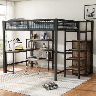 Bunk Bed 140x200 Desk Wardrobe Shelves Metal Bed Frame Slatted Frame Children/Adults(without Mattress)