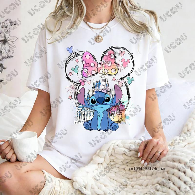Summer New    Stitch Mickey Castle Magic Kingdom Print WoUnisex Cotton T Shirt Short Sleeve Tees Casual Couple Y2K Tops