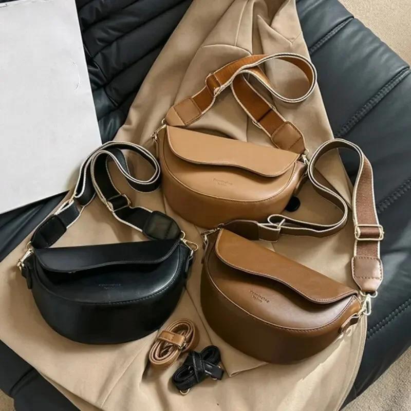 Women Vintage Solid Color Flap Small Saddle Shoulder Underarm Bag Fashion PU Leather Wide Strap Crossbody Bag Handbags Purses