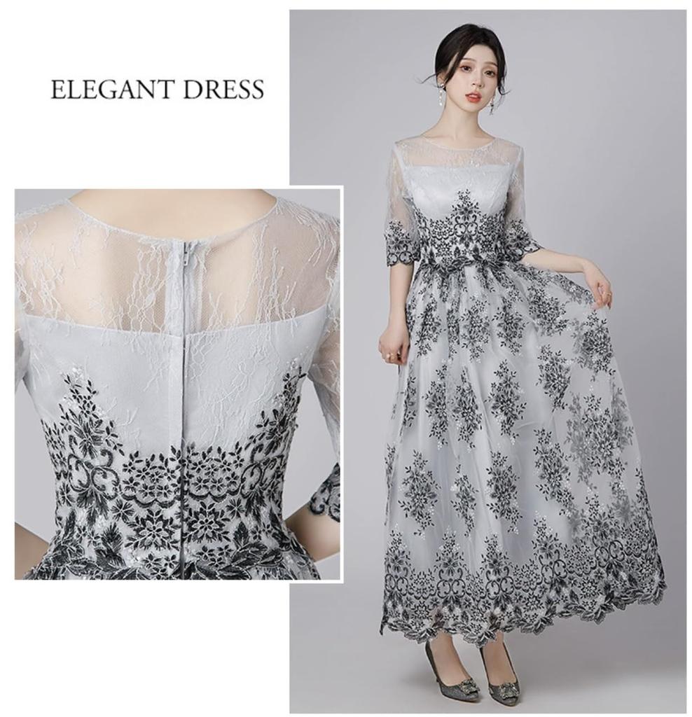 EightSTAR Party Guest Piano Adult Formal Guest Relatives Dress, Dress, Wedding, Long, A-Line, Dress, Recital, Dress, Gray, Sleeves, Dress, (JP,