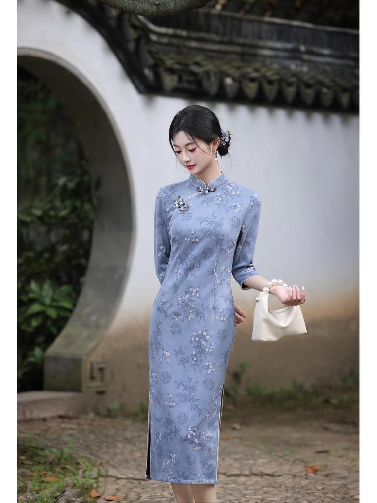 Suede Cheongsam: New 2025 Autumn Long-Sleeve Dress, National Style for Young Girls