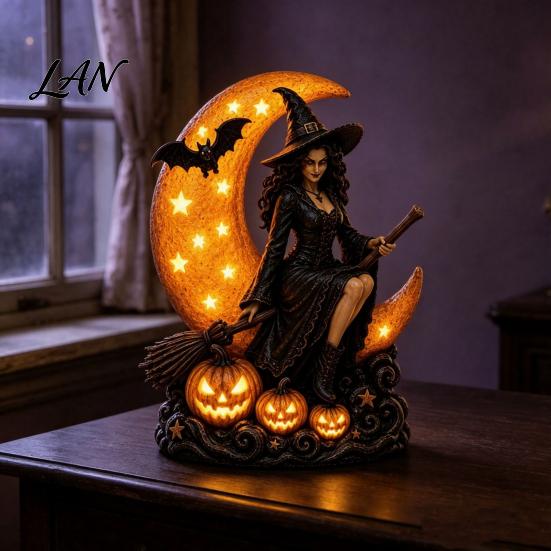 Vintage Magical Atmosphere Lamp Halloween Witch Lamp, Gothic Crescent Moon LED Night Light, Decoration Spooky Decorative Table for Bedroom Bookshelf