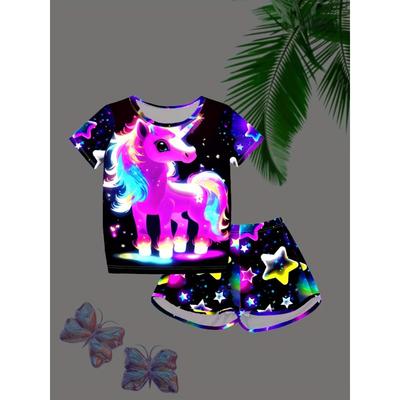 2 süße Sets für Mädchen, fluoreszierendes Kurzarmhemd und Shorts mit 3D-süßem Einhorn-Aufdruck, bequemes Set im süßen Prinzessinnen-Stil als Geschenk