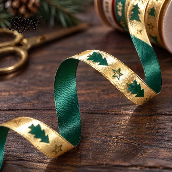 Decorative Crafting Ribbon for Flowers Christmas Gold Foil Ribbon, Merry Fabric Shiny Printed Apple Wrapping Holiday Gift Packing, Xmas Party