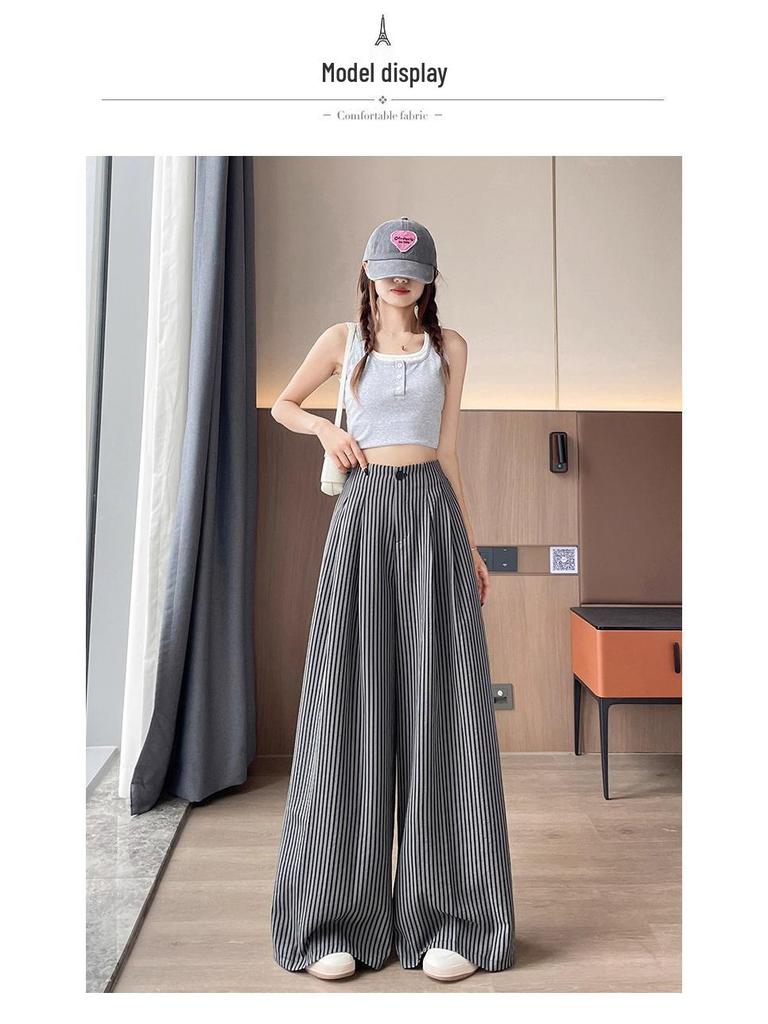 2026 Spring/Autumn Women's High-Waisted Slimming Striped Wide-Leg Floor-Length Pants