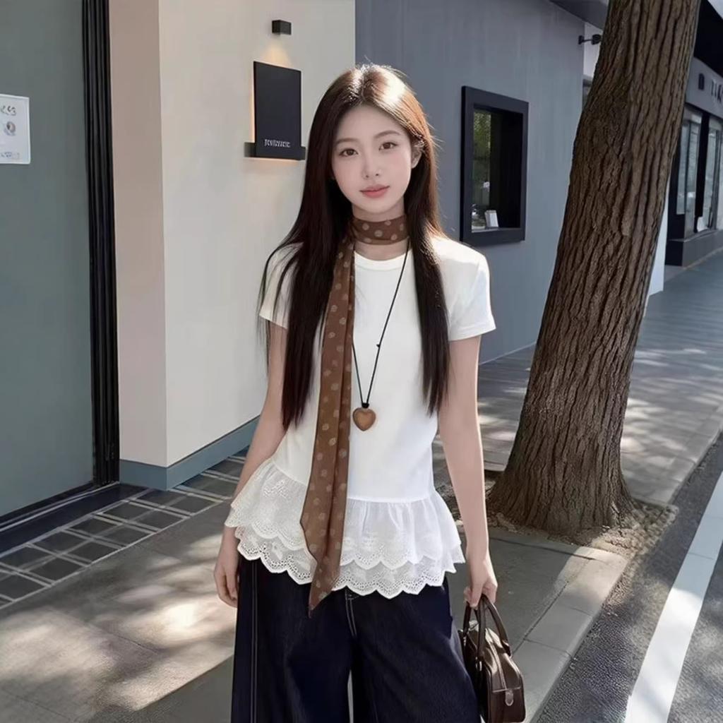 Cotton French Crew Neck Lace Splicing Long Sleeve T-Shirt Women's Summer Slim Skinny Age Reducing Bottom Top