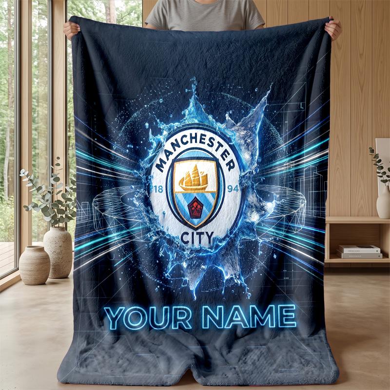Custom Text Flannel Throw Blanket, Lightweight Cozy Bed Sofa BlanketManchester City
