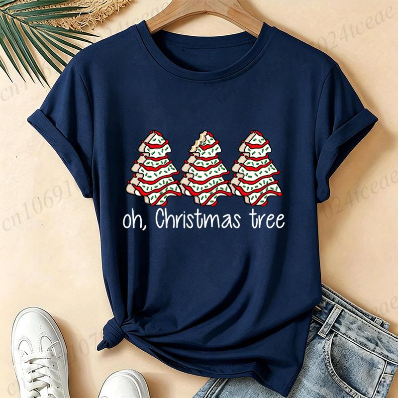 Women Oh, Christmas Tree Graphic T Shirt Vintage Aesthetic Tees Snack Cakes Christmas Print Short Sleeve Casual Streetwear Top