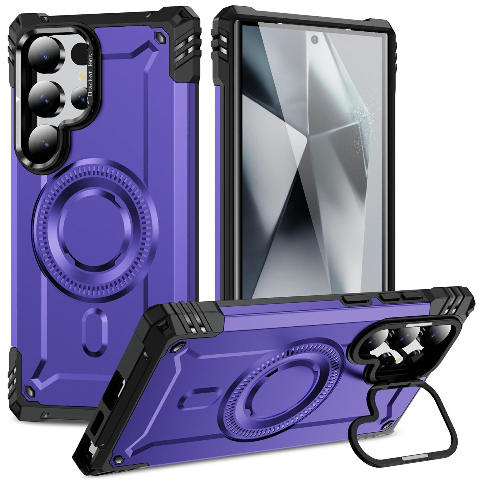 

For Samsung Galaxy S24 Ultra Magnetic Case Lens Kickstand PC+TPU Shockproof Phone Cover Purple