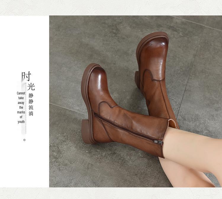 Botki jeździeckie do połowy łydki z prawdziwej skóry z bocznym zamkiem błyskawicznym, 2025 Jesień/Zima, ocieplane polarem, damskie kozaki na średnim obcasie ze skóry bydlęcej.