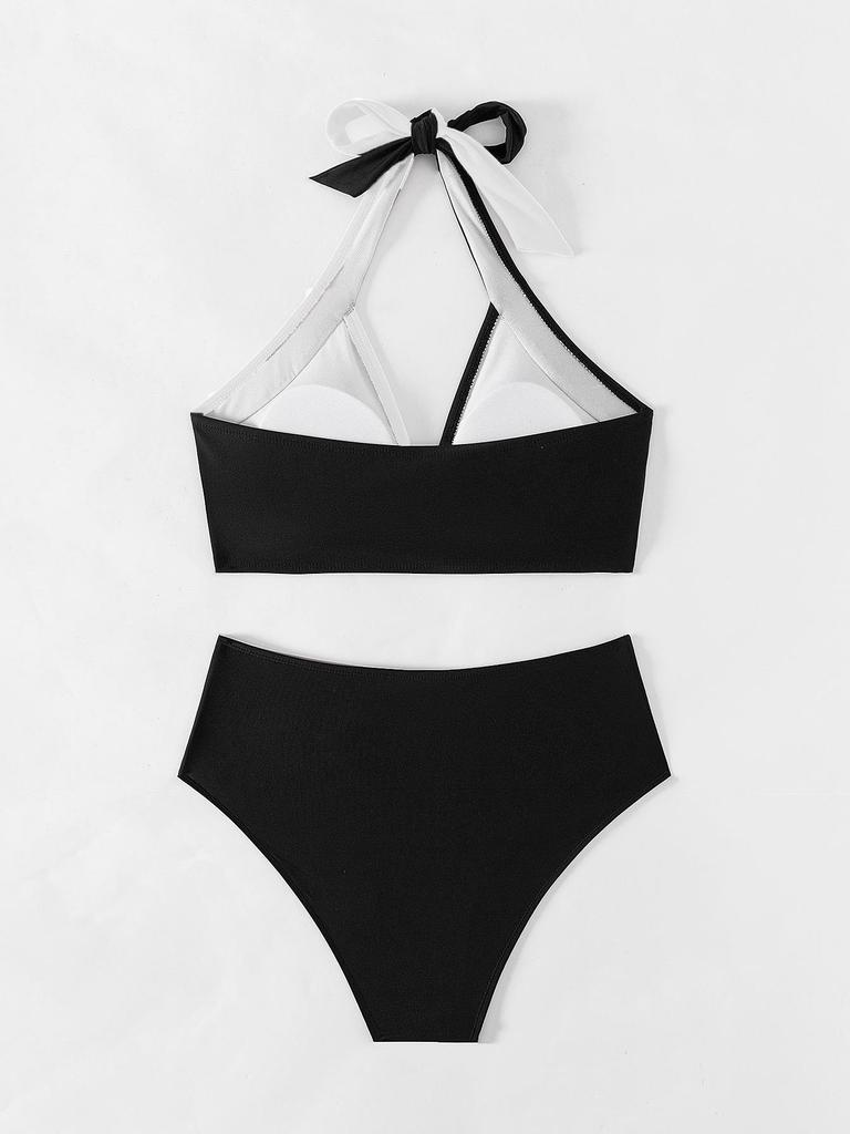 2025 Color Block High Waist Halterneck Bikini Two-Piece Swimwear for Women.