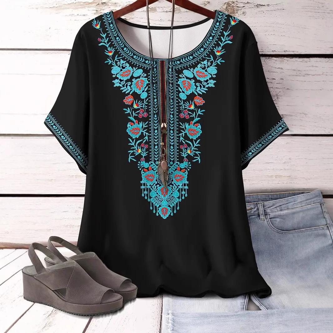 

XL-7XL Большие размеры Модные футболки Повседневный темперамент Свободный круглый вырез с короткими рукавами Футболка Этнический стиль 7XL