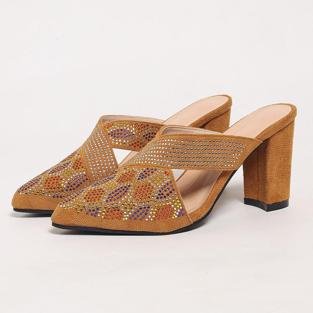 Women's Wide Width Rhinestone Mules, Pointed Toe Chunky Heel Slides, European Summer Slippers for Women