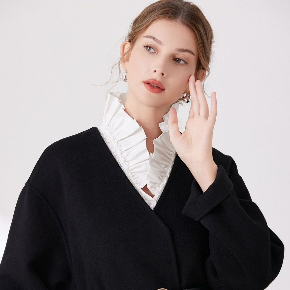 Ruffle Lace Lapel Half Shirt White Adjustable Neckline Elegant Lotus Leaf Cuffs Female