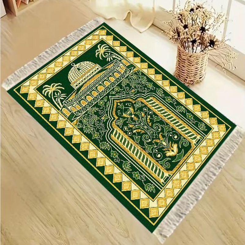 Tapis de Salat Islamique en Velours Motif Floral Bleu Vintage Arches de Mosquée Tapis de Prière Portable Antidérapant Décoration de Maison pour l'Aïd Cadeau