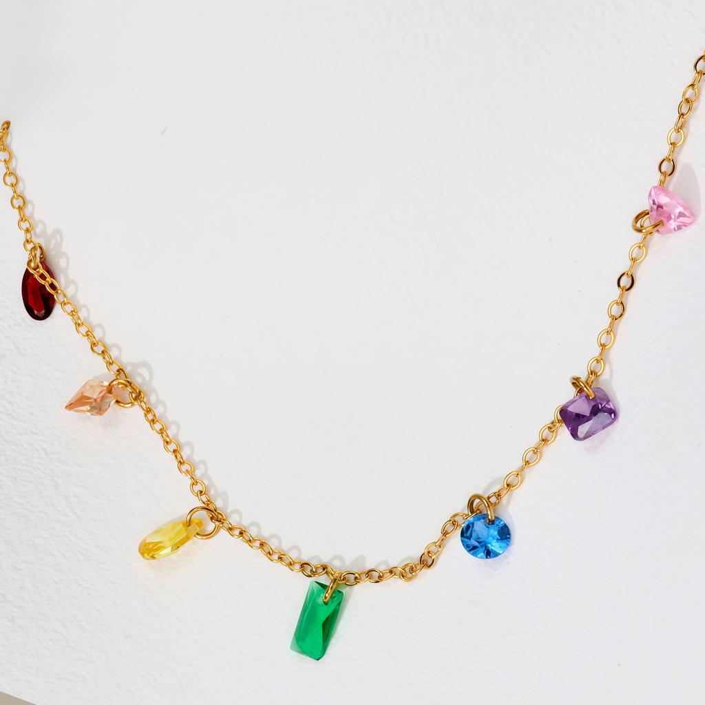 Colorful Summer Dream, Colored Zircon Necklace, Girl Stainless Steel O-Shaped Necklace Does Not Fade