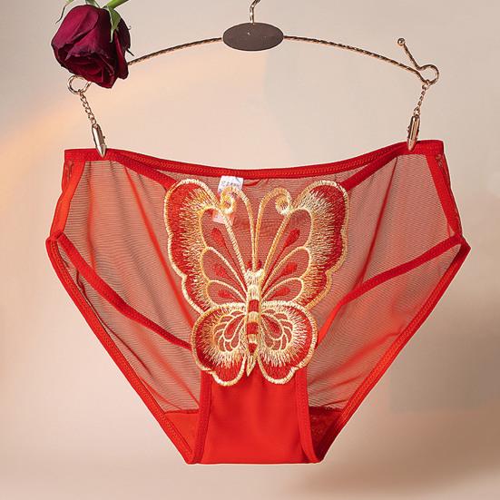 Women Underpants Butterfly Embroidery See-through Mesh Briefs Mid Waist Hollow Out Elastic