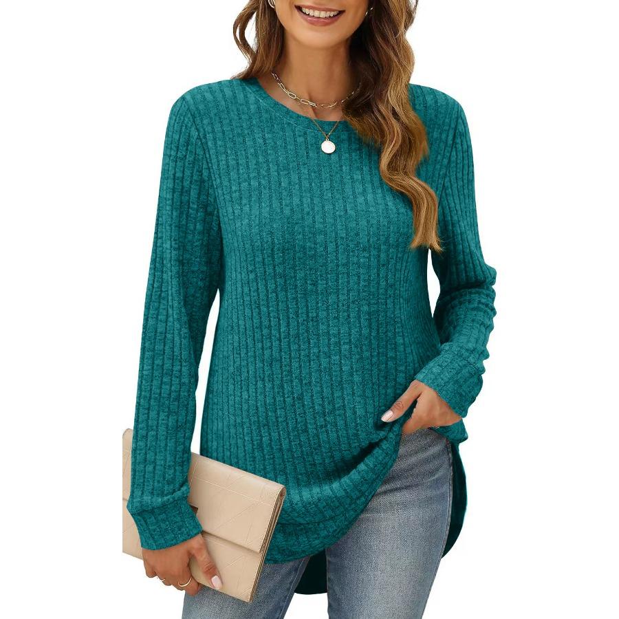 Autumn Winter Square Neck Stretch Rib Knit Top Solid Color Long Sleeve Loose T-shirt