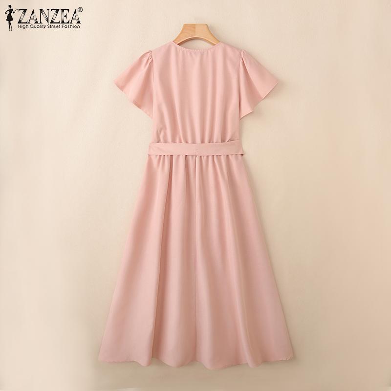 ZANZEA Women Casual V-Neck Summer Short Sleeve Pleated Dres
