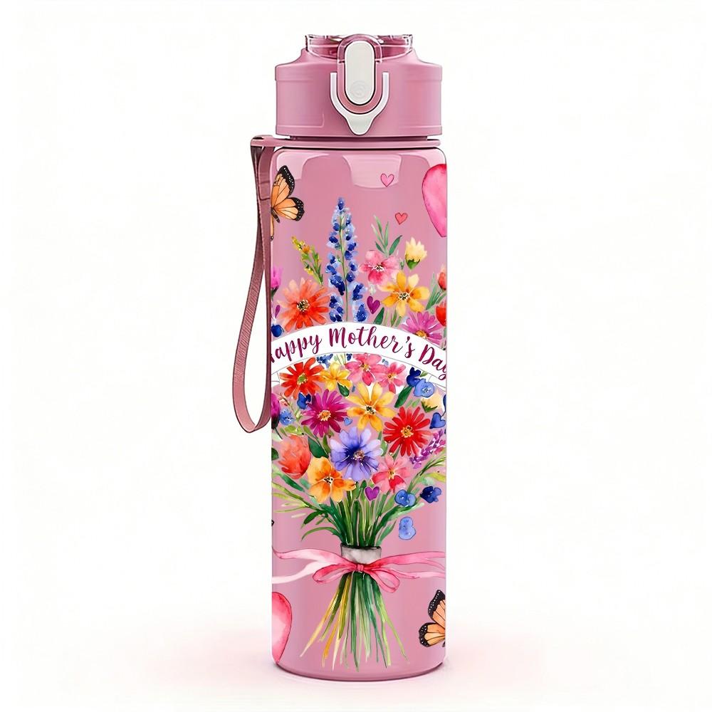1PC Heart Shaped Bouquet Butterfly Pattern 750ml Color Plastic Sports Water Bottle Leakproof Flip Straw Lid Suitable for Sports Office Home Use