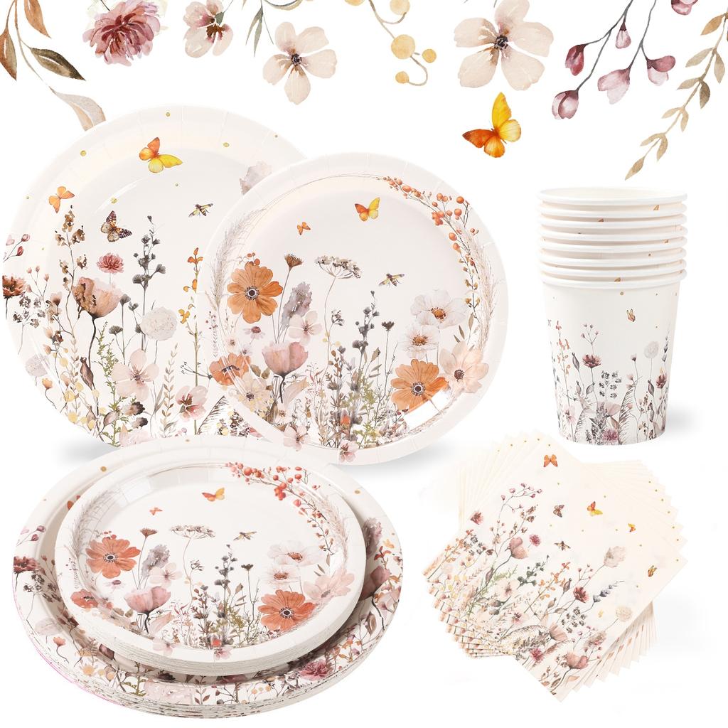 Spring Wild Flower Disposable Tableware Birthday Party Decor Wild Floral Paper Plates Cups Napkins Wedding Baby Shower Supplies