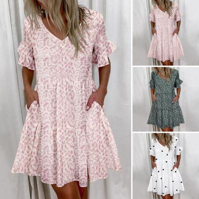 Women Dress V Side Pockets Patchwork Loose Hem Printed Neck A-line Short Sleeves Pleated Ruffle