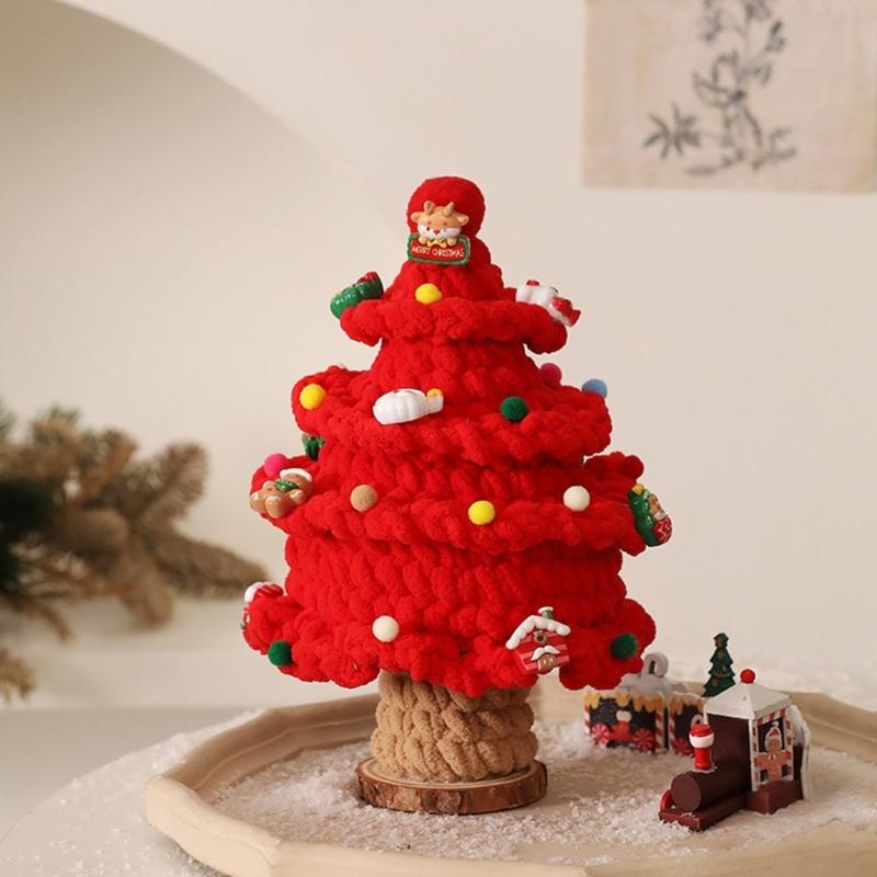 Crafted Holiday Knitted Christmas Tree Wooden Base Ornament Featuring Holiday Accents For Desktop Decoration