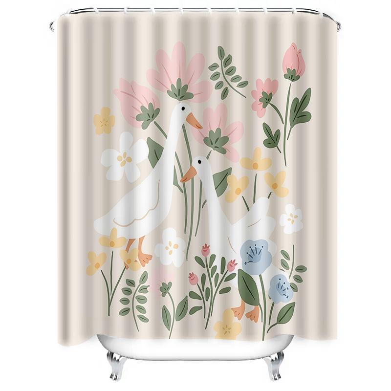 Charming Duck And Floral Shower Curtain For Bathroom Decor Waterproof Fabric Privacy Screen With Hooks Set Elevate Space