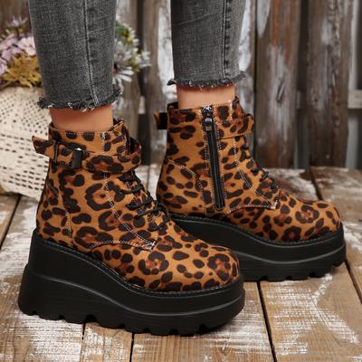 Women 2025 Leopard Plus Size Ankle Boots Side Zip Front Lace-up High Heels Shoes Wedges Platform Comfortable Outdoor Wedge Boots