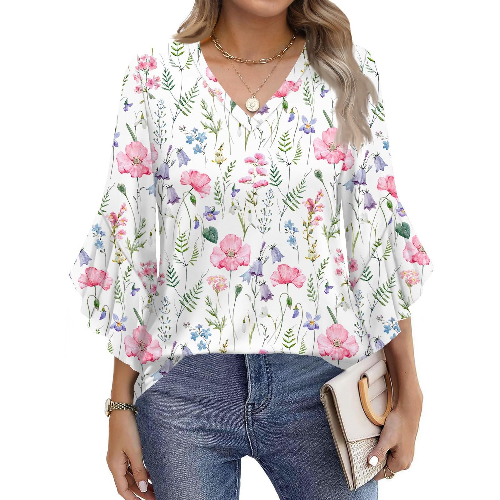 

Женская модная повседневная футболка с рукавом семь минут, винтажный цветочный принт, V-образный вырез, расклешенные рукава L белый