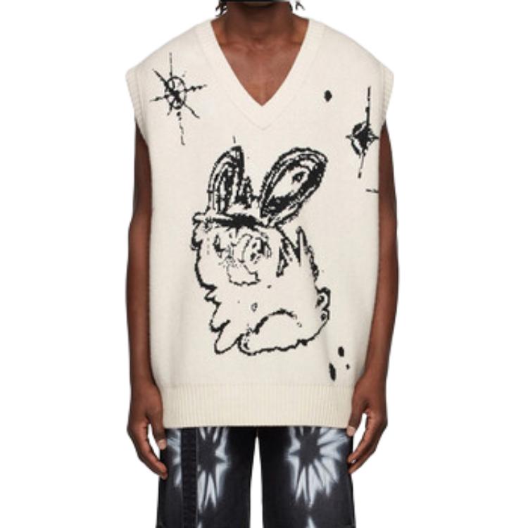 WE11DONE Ss22 Cartoon Monster Jacquard V-Neck Knitted Vest Unisex Vest White WD-KV1-22-645-U-IV