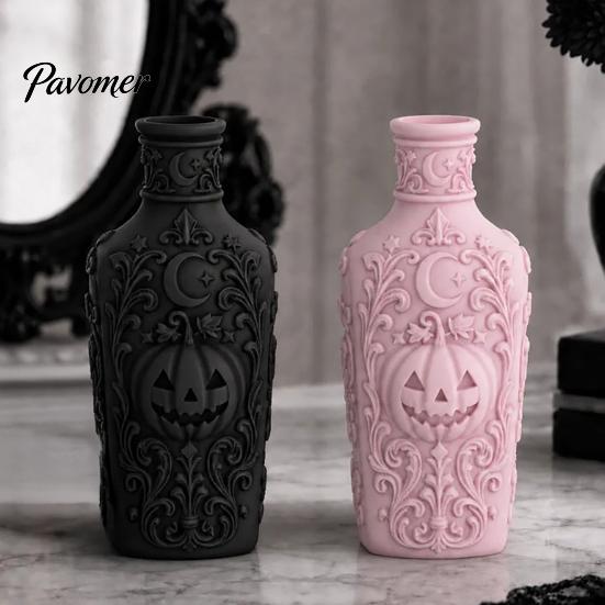 Vintage Style Home Accessories Halloween Gothic Pumpkin Vase, 3D Printed Moon Star Embossed Potion Bottle Reliefs Tabletop Ornament, Dry Flower