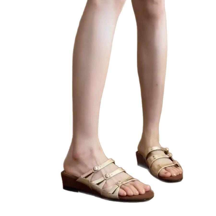 Small Soft Leather! Slippers Women's Summer Outer Wear Fashion 2025 New High-end French Silver Wedge One-word Sandals