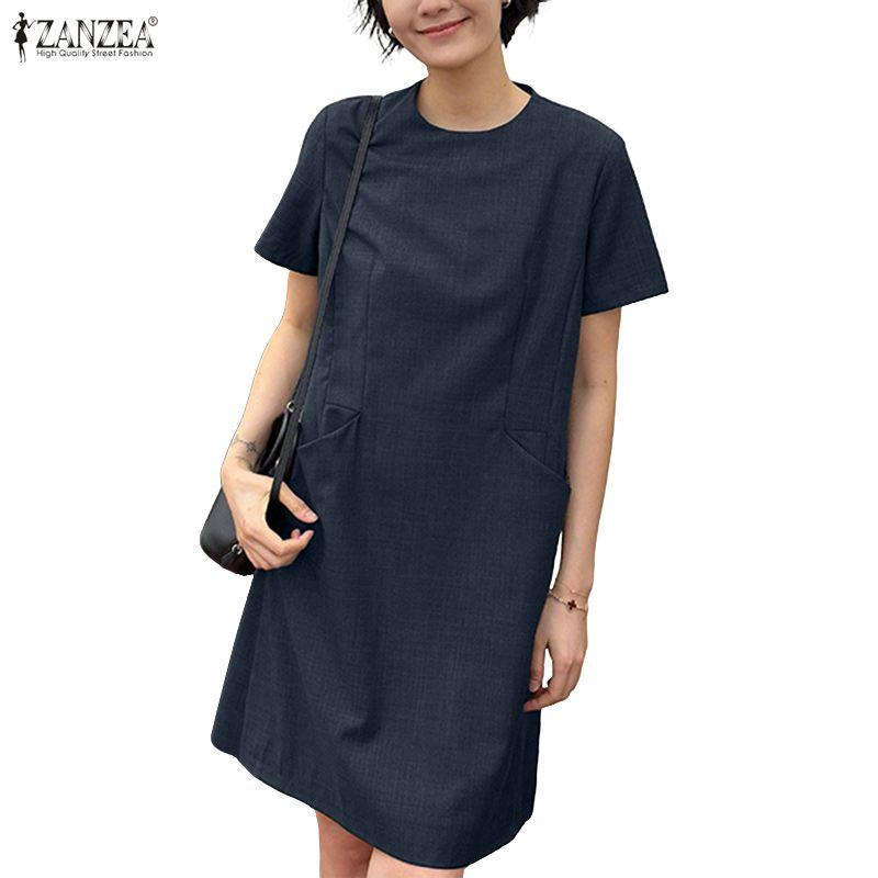 ZANZEA Vestido casual de manga corta de color sólido con cuello redondo para mujer