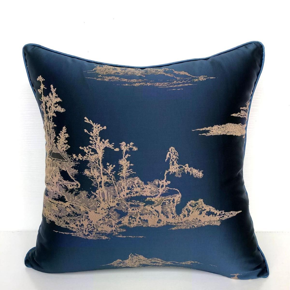 Modern Chinese Landscape Patchwork Pillow with Tassel
