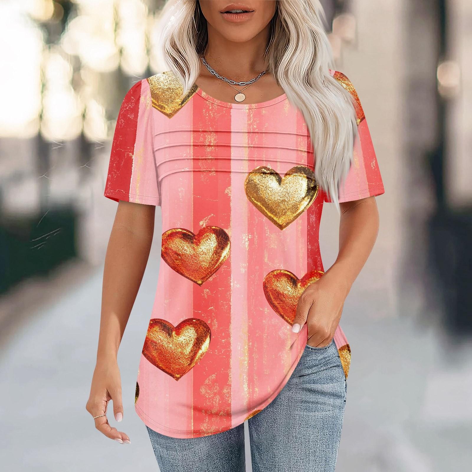 

Женский топ с короткими рукавами и круглым вырезом, с принтом в виде сердечек ко Дню святого Валентина, плиссированный XL арбуз красный