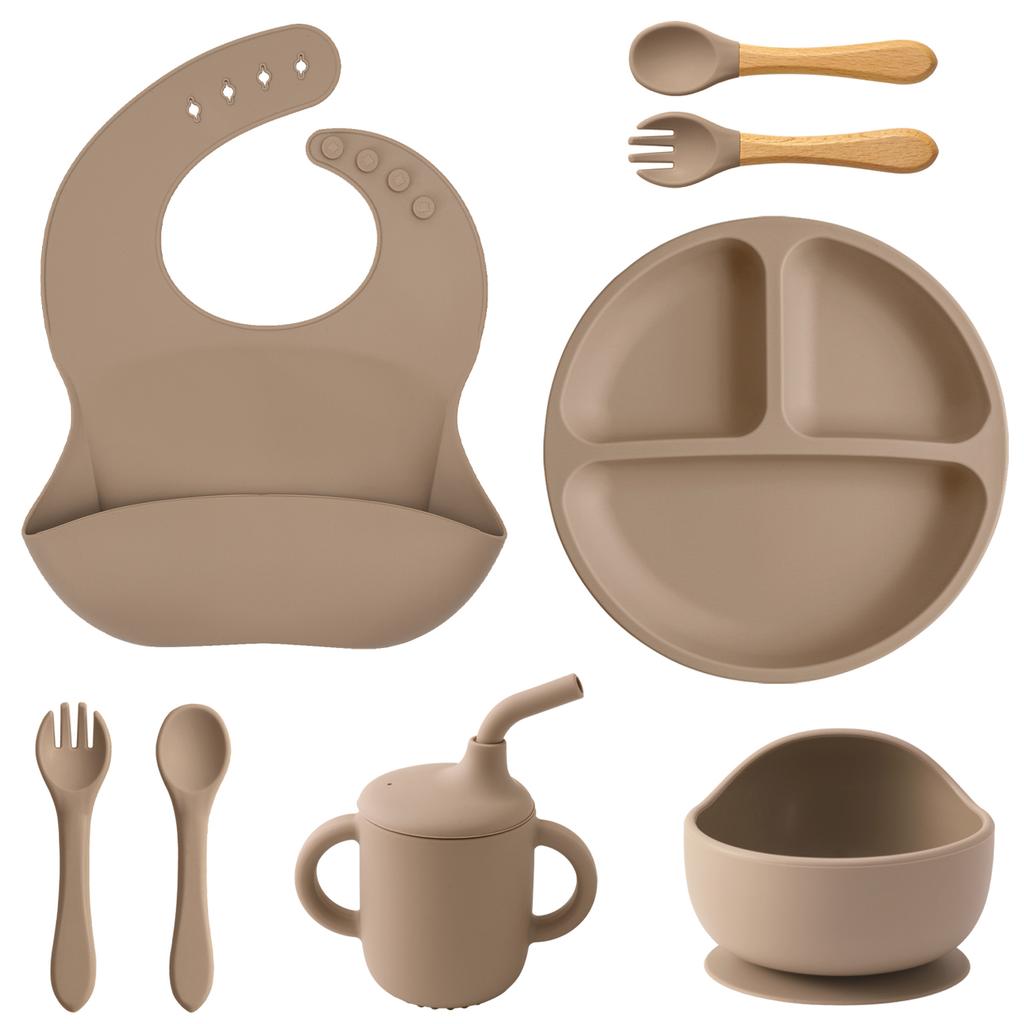 Color Kids 8PCS Silicone Baby Feeding Set With Bowl Suction Plate BPA Free Waterproof Bib Spoon Fork Toddler Training Utensils