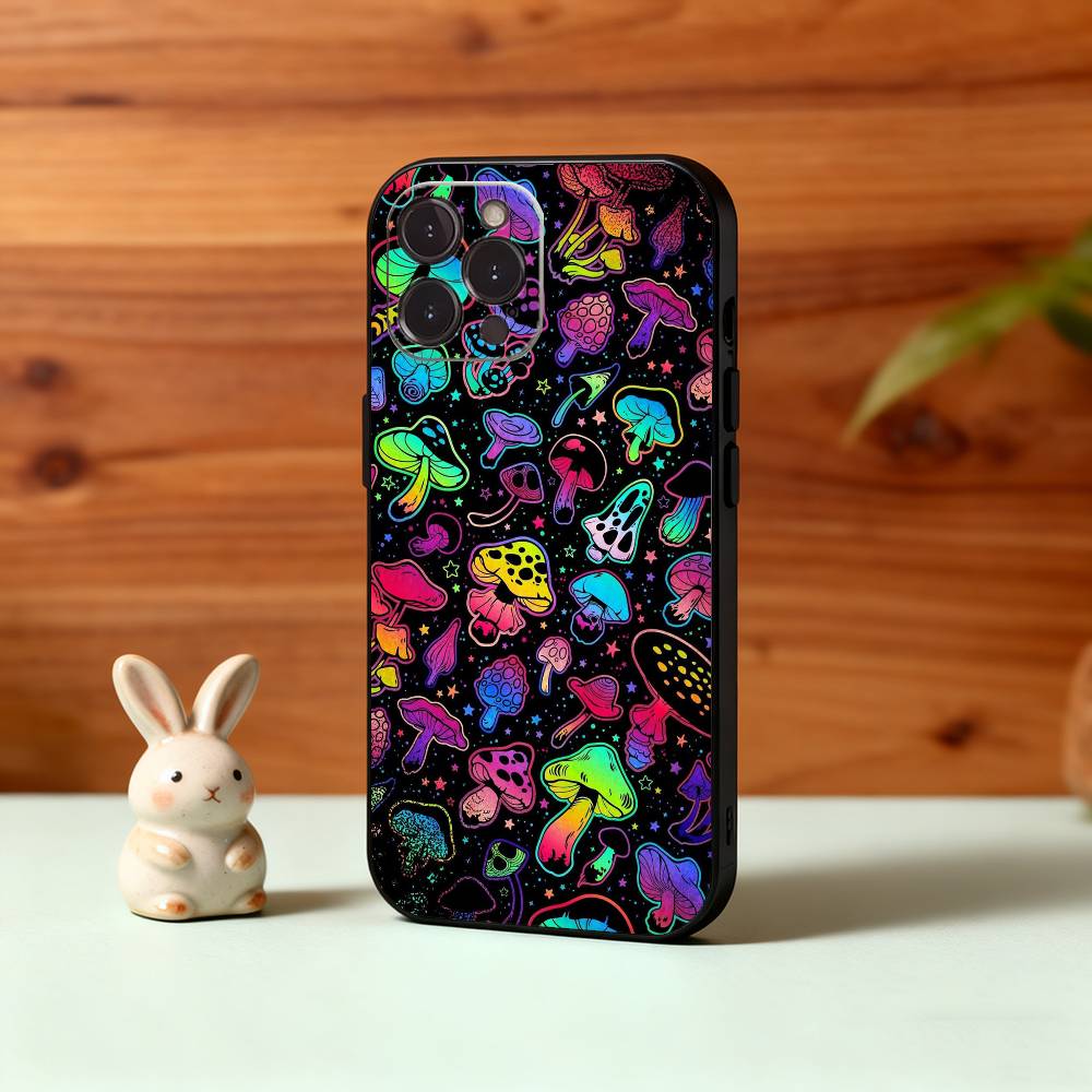 

P-Psychedelic C-Colored M-Mushroom Phone Case For iPhone17,16,15,14,13,12Plus,Pro Max,XS,5G Soft Silicone Black Cover iPhone13